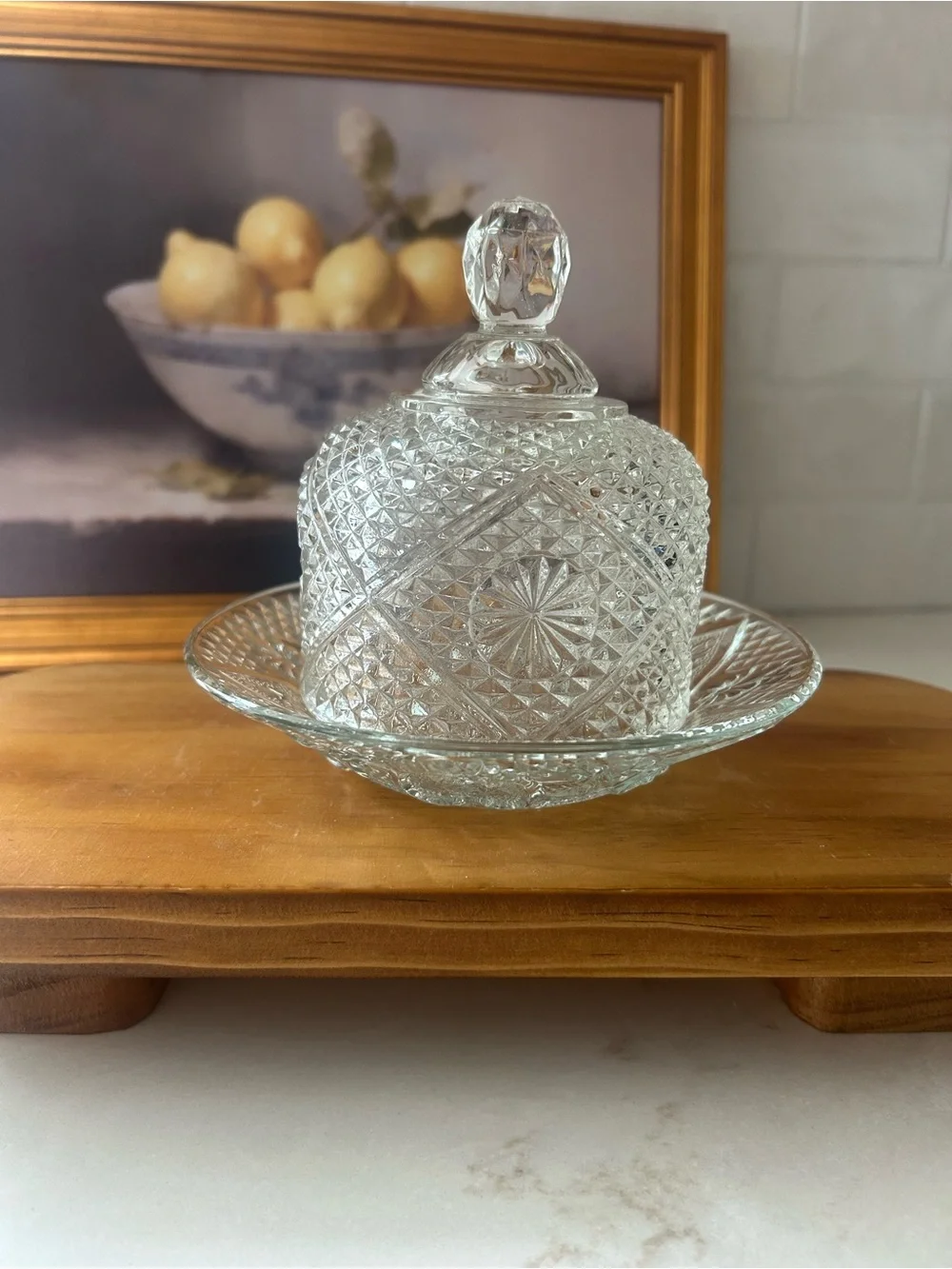 Vintage Pressed Glass Covered Butter Dish Heart Floral Pattern Cottage Decor